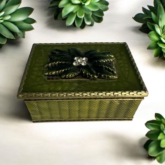 Vtg 3" Metal Trinket Box w Green Enamel Leaf & Clear stones -heavy Palm Leaves - Picture 1 of 8